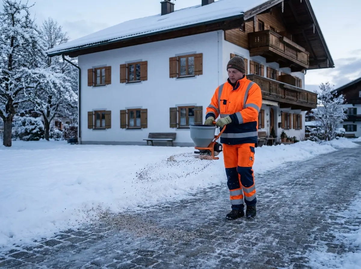 Mitarbeiter streut Splitt auf vereistem Weg, Morgengrauen