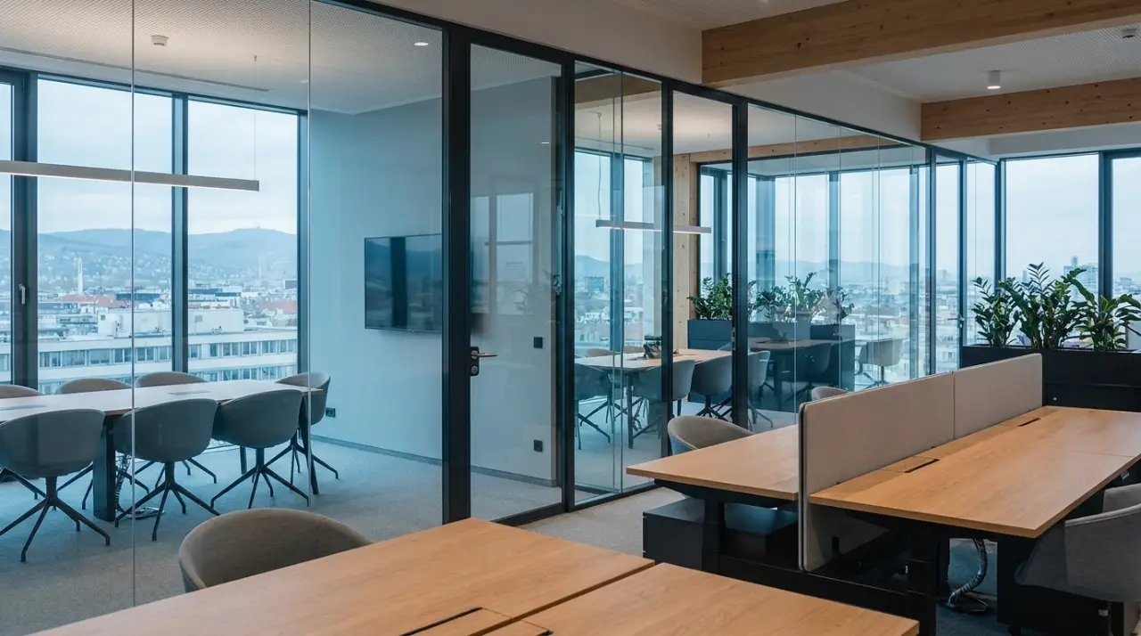 Modernes helles Büro mit Blick über Wien