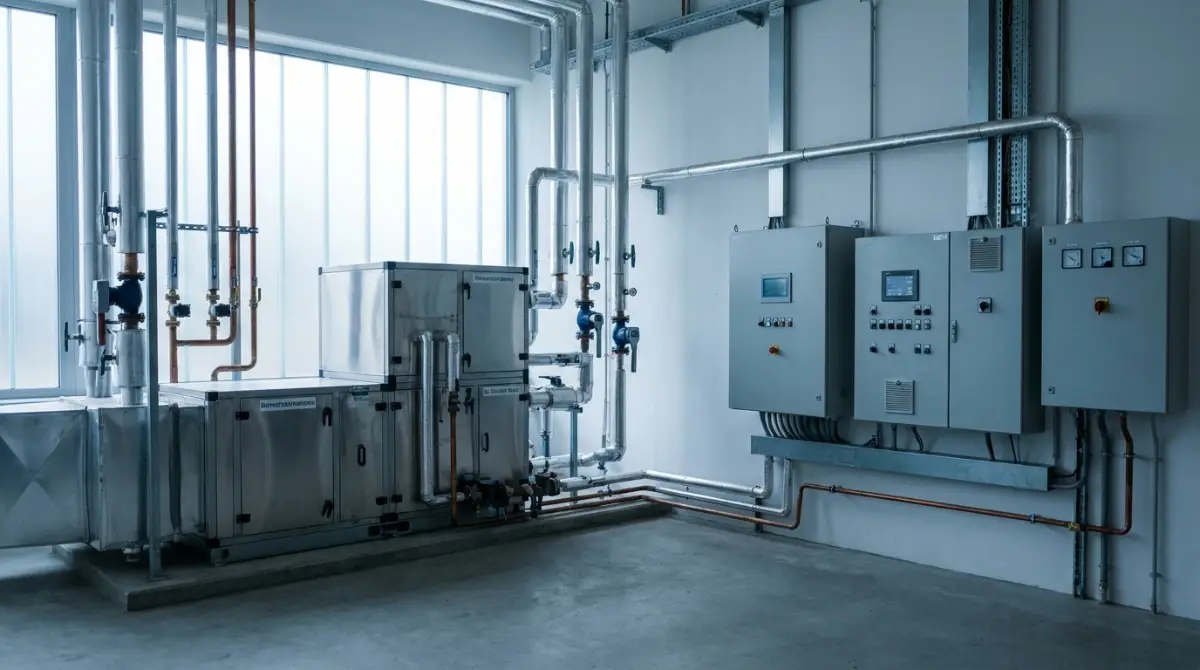 Moderner Technikraum mit HVAC und Schaltschränken