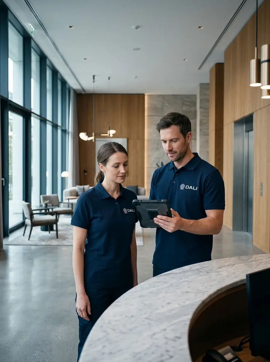 Professionelles Facility-Team bei Objektbegehung, modernes Bürogebäude, natürliches Licht